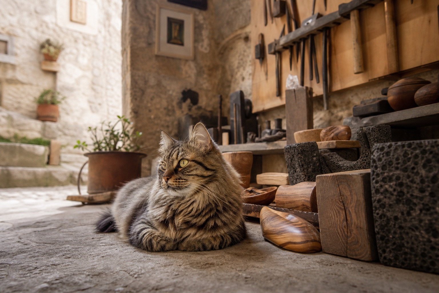 Attrezzi di un mestiere disposti in ordine sulla parete di legno di una bottega siciliana