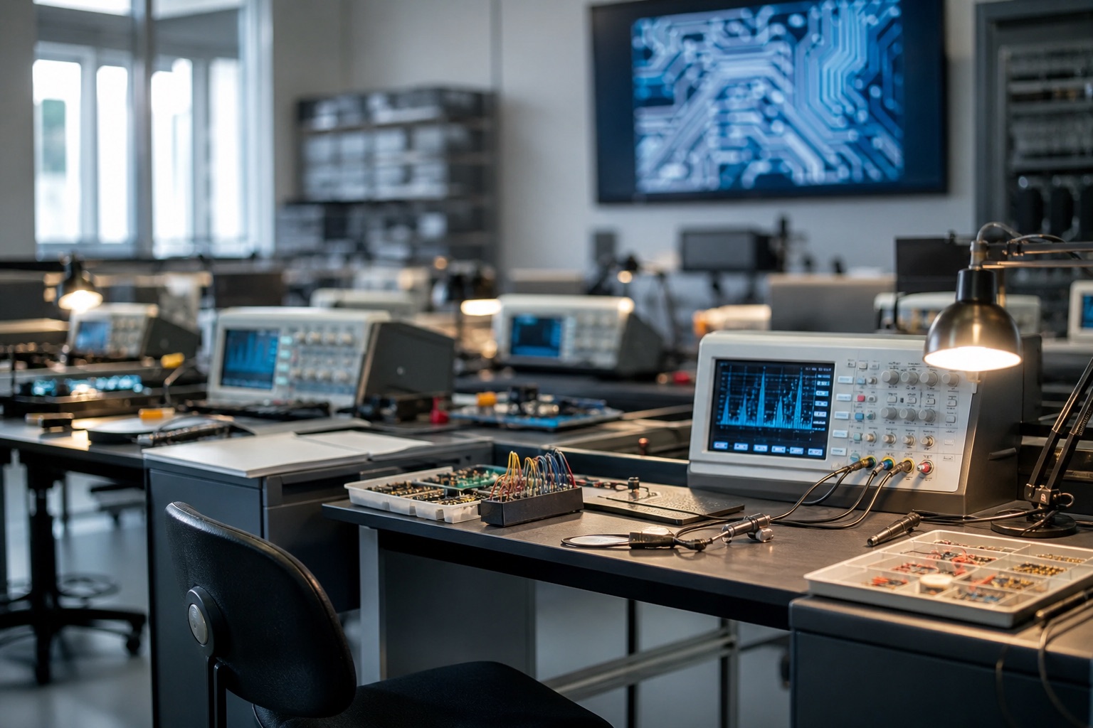 Laboratorio tecnologico di un istituto tecnico superiore con postazioni di elettronica, oscilloscopi e schermi accesi